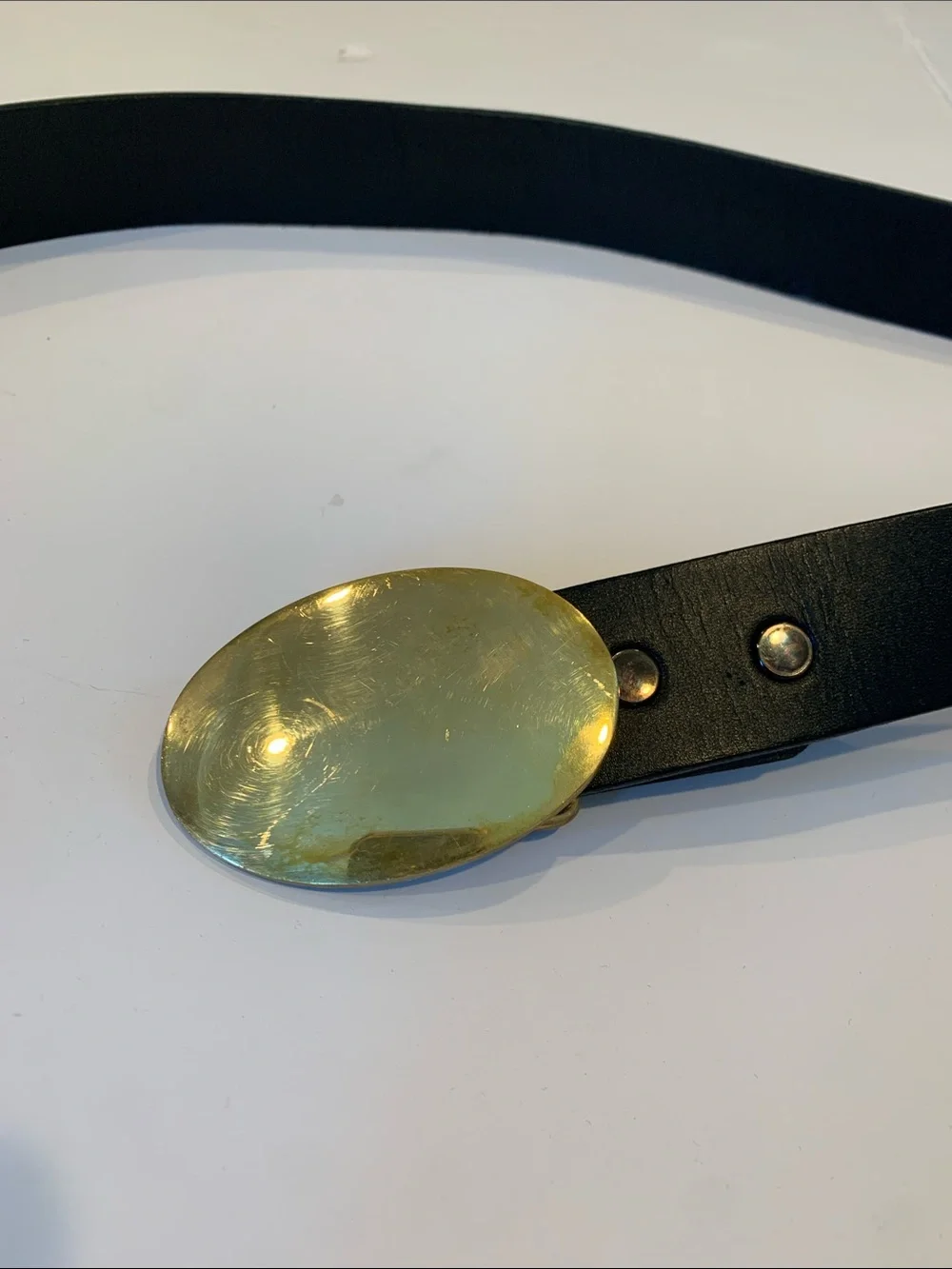 Parsley’s Brass Sand Cast Oval Unisex Belt Buckle and Black Leather Belt Size 32